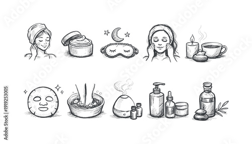 Beauty and spa chalk icon set. Skincare, relaxation, spa treatments outline collection
