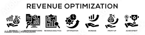 Revenue Optimization web banner icon vector illustration concept for business with icon of Revenue, Revenue Monitoring, Revenue Analytics, Optimization, Increase, Profit.