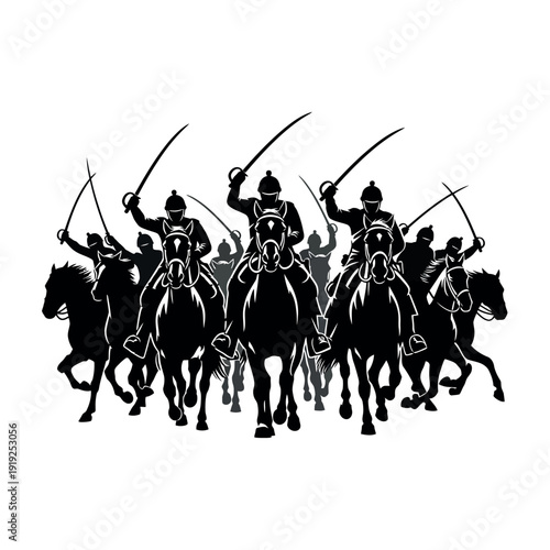 Silhouettes of ancient cavalry warriors on horseback with swords.