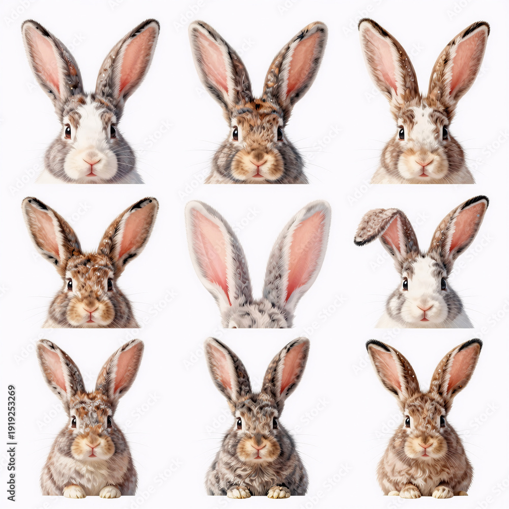 Fototapeta premium pop art, a collection of diverse rabbit ear illustrations for spring easter and cute animal designs