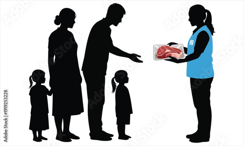 Silhouette of a family receiving food from a woman in a blue vest on white background