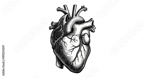 Detailed Anatomical Engraving of a Human Heart Organ.