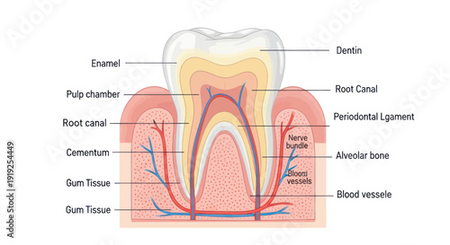 Detailed Cross Section of a Human Tooth Anatomy.