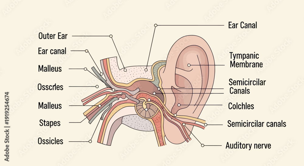 Εκτύπωση καμβά Detailed Diagram of Human Ear Anatomy with Labels.