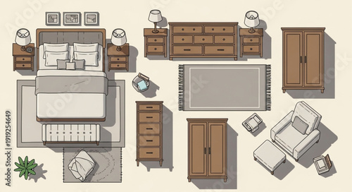 Top view of a bedroom furniture layout with bed and wardrobe.