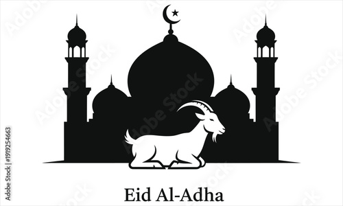 Eid aladha celebration with goat and mosque silhouette on white background