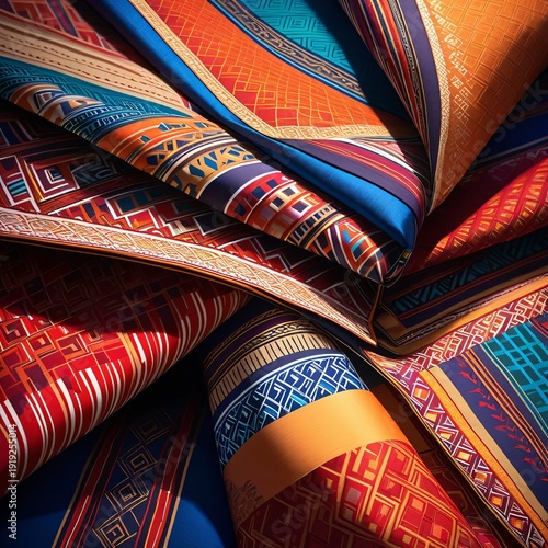 Colorful Textiles with Geometric Patterns and Vibrant Colors