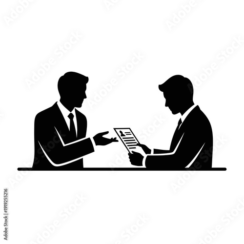 Two Businessmen Exchanging Documents Silhouette.