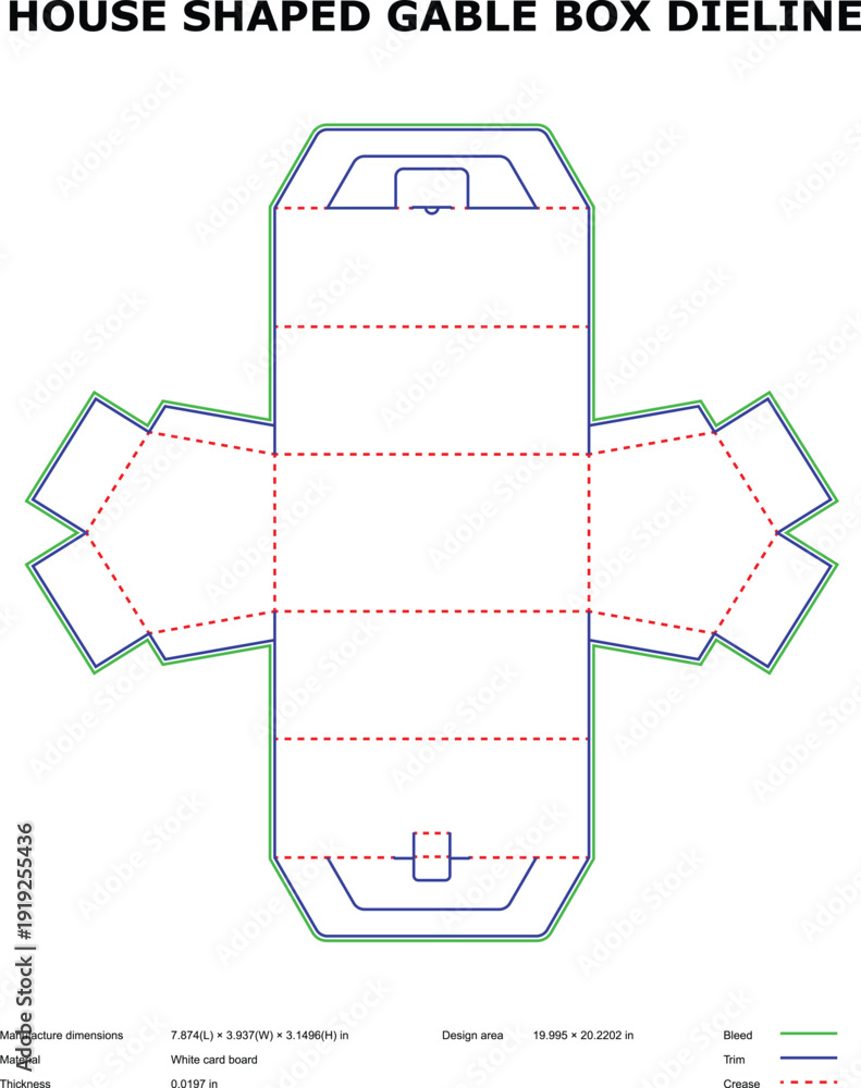 Ταπετσαρία A technical diagram of a house shaped gable box die line with dimensions