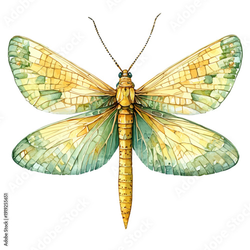 watercolor graphic of Green Lacewing illustration, isolated on a white background.
