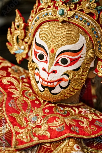 Beautiful Balinese Mask with Intricate Gold and Red Costume Details