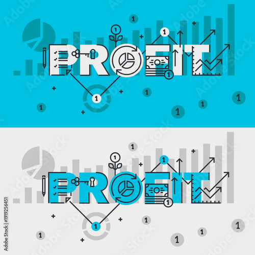 Profit Conceptual Infographic Bold Typography with Financial Icons, Charts and Growth Symbols for Revenue and Data Analysis Visualization