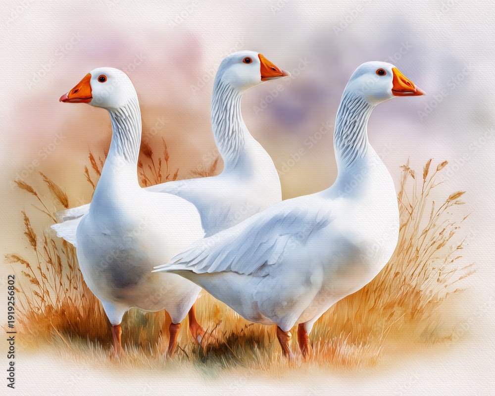 Obraz premium Three white geese standing in a grassy field during a soft, colorful sunset light near a tranquil pond in the countryside, wall art poster in style of painting