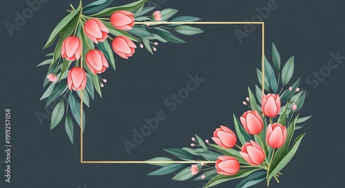 Elegant rectangular golden frame adorned with delicate pink tulips and lush green eucalyptus leaves, creating a sophisticated floral border on a dark charcoal background.