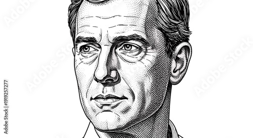 Monochrome engraving of a serious man's head and shoulders