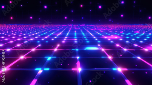 Vibrant digital landscape featuring grid of glowing neon lights shades of blue and pink, creating futuristic atmosphere. scene evokes sense of depth and movement, reminiscent of retro video games