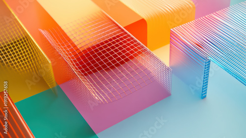Colorful geometric shapes create vibrant abstract composition, featuring transparent layers and grid patterns that evoke sense of depth and modern design