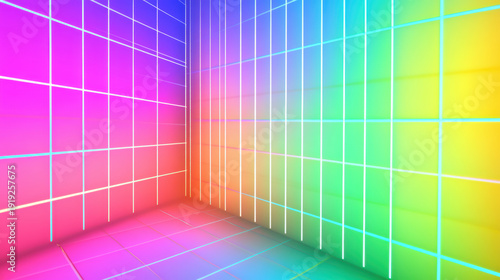 Vibrant gradient walls create colorful and dynamic atmosphere, featuring blend of pink, blue, and green hues. grid pattern adds depth and structure to space, evoking sense of modernity