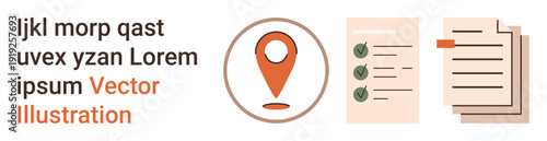 Geographic navigation, document management, organization, task planning, productivity, workflow. Image shows a location marker, checklist and documents. Navigation and document management concepts