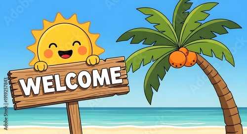 Happy cartoon sun holding a wooden welcome sign on a tropical beach with a palm tree and ocean background. Created in a cheerful flat vector style with a bright yellow and blue palette.