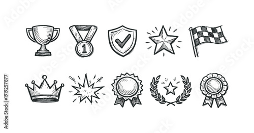 Award, achievement sketch icon set. Prizes, trophy, badge, victory outline icons