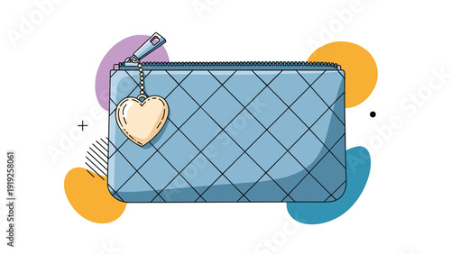 Blue quilted cosmetic bag or pouch with a metal zipper and a small gold heart-shaped charm against an abstract background.
