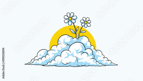 Beautiful daisies growing from fluffy white clouds against a bright yellow sun on a light blue sky backdrop illustration.