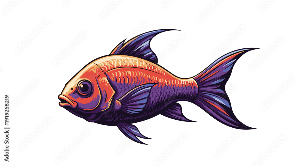 Fototapeta premium Beautiful tropical fish with colorful scales in vibrant shades of orange, red, and purple swimming gracefully towards the left on white.