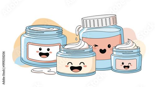 Group of various blue skincare cream jars with cute smiling faces and pink labels against an abstract peach background.