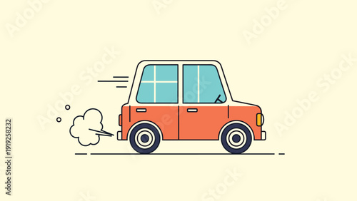 Red cartoon car speeding along a road with white exhaust smoke puffing out from the back on a pale yellow background.