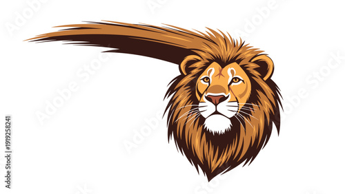 Majestic lion head with a long flowing mane depicted in a bold illustrative style with rich brown and golden tones.