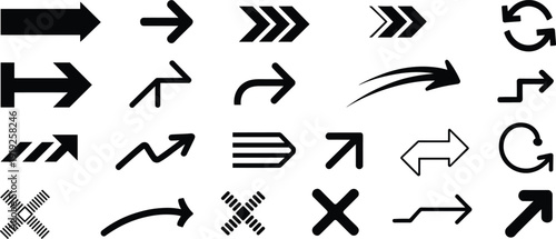 Black arrow icons collection, bold directional pointers, curved rotation and cross symbols isolated on white background, vector illustration set