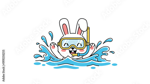 Adorable white bunny rabbit wearing yellow goggles and a snorkel splashing happily in bright blue ocean water waves.