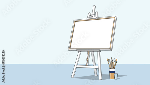 Wooden artist easel holding a large blank white canvas standing next to a container filled with various paintbrushes.