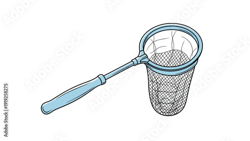 Simple blue handheld net with a long handle and fine mesh bag used for catching fish or butterflies in the outdoors.