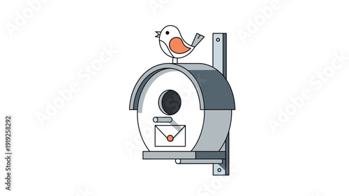 Modern grey birdhouse mounted on a pole with a small bird sitting on the roof and a heart on a mail slot decoration.