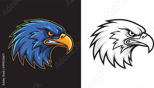 Fierce blue eagle head mascot illustration with an angry expression, presented alongside a black and white outline version for graphic design.