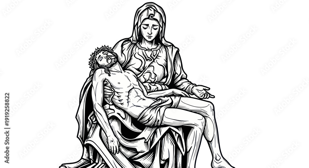 Εκτύπωση καμβά Pietà Drawing: Mary Holds Dead Christ, Sorrowful Mother and Son