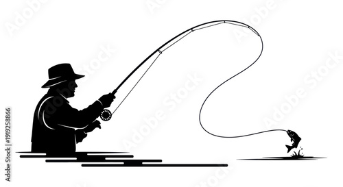 Silhouette of a fisherman casting a line, a fish jumping from water.