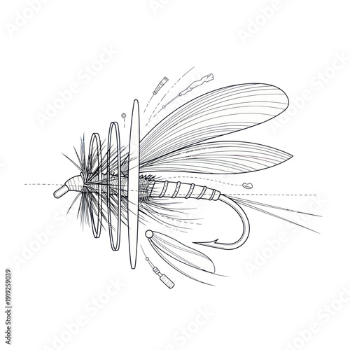 Detailed Illustration of a Fishing Fly Lure on White Background