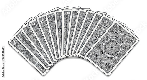 Fanned Playing Cards with Detailed Backs on White Background