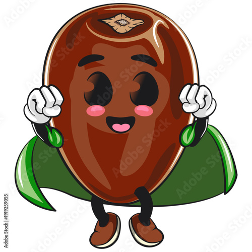 cute dates fruit mascot character as flying superhero wearing a robe, isolated vector illustration, work of hand drawn