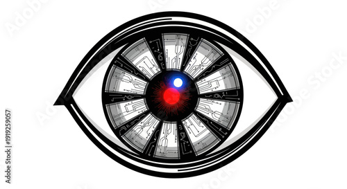 Futuristic Cyborg Eye with Red and Blue Lights, Digital Vision, AI Concept