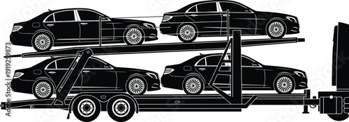Car carrier trailer transporting luxury sedans, auto transport truck vector illustration, vehicle logistics and automotive shipping service isolated on white background