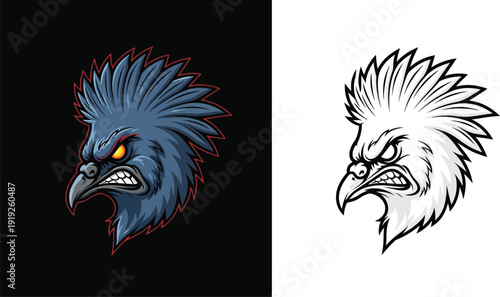 Fierce blue bird head mascot with spiky feathers and angry expression, presented in both color and black and white outline versions.