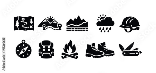 Outdoor adventure silhouette icon set. Hiking, camping, exploration symbols collection.
