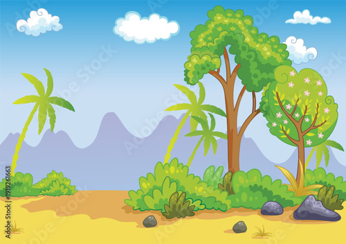 Natural landscape with mountains and trees cartoon vector illustration