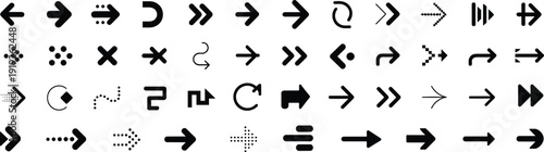 Black arrow icons ultimate collection, directional right left pointers, dotted navigation symbols and media control arrows isolated on white background vector set