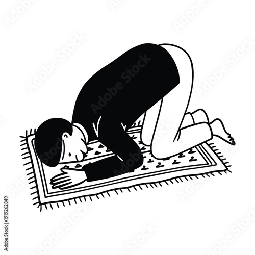 Person Performing Islamic Prayer (Salah) on Prayer Mat Minimal Line Art Illustration with Spiritual and Peaceful Concept