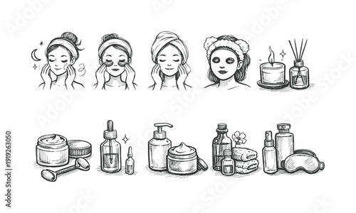 Beauty and spa, skincare outline icon set. Facial, relaxation symbols collection